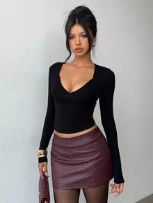 Siren Gaze Burgundy Knitted PU Mini Skirt For Women, Fall Autumn/Winter,Elegant Hip Skirt, Commuting PU Skirt Christmas New Year Red Burgundy - Burgundy - View 6