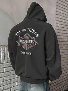 DAZY Men's Letter Graphic Hooded Sweatshirt, Autumn - Grey - View 3