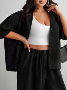 EURMUSE Solid Drop Shoulder Button Front Shirt & Wide Leg Pants Set – Effortless Chic Co-Ords - Black - View 5