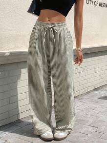 Livesso 女士条纹抽绳腰带口袋阔腿宽松休闲裤复活节 - 綠色 - 查看 6