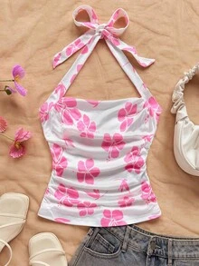 Soleia 优雅针织弹力印花露背系带蝴蝶结短款女式上衣，适合度假 - 粉色 - 查看 4