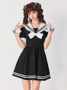 EDITION 女式条纹海军蓝领迷你连衣裙，深色学院风荷叶边下摆，少女感十足 - 黑色 - 查看 5