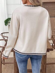 SHEIN LUNE New Soft & Cozy V-Neck Cropped Cardigan Sweater For Women, Personalized Color Blocking, Suitable For Spring & Autumn - Apricot - View 2