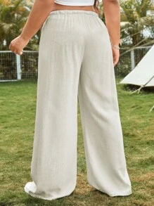 CovetEZ Pantalones de lino sólido con cordón y talla grande para mujeres en verano - Beis - Ver 2