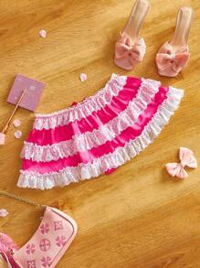 撞色荷叶边缎带蕾丝蝴蝶结卡哇伊可爱洛丽塔娃娃风格女式灯笼裤丁字裤 - 玫紅色 - 查看 9