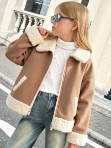 SHEIN Chaqueta térmica forrada con parches linda para niña, versátil para otoño/invierno - Caqui - Ver 1