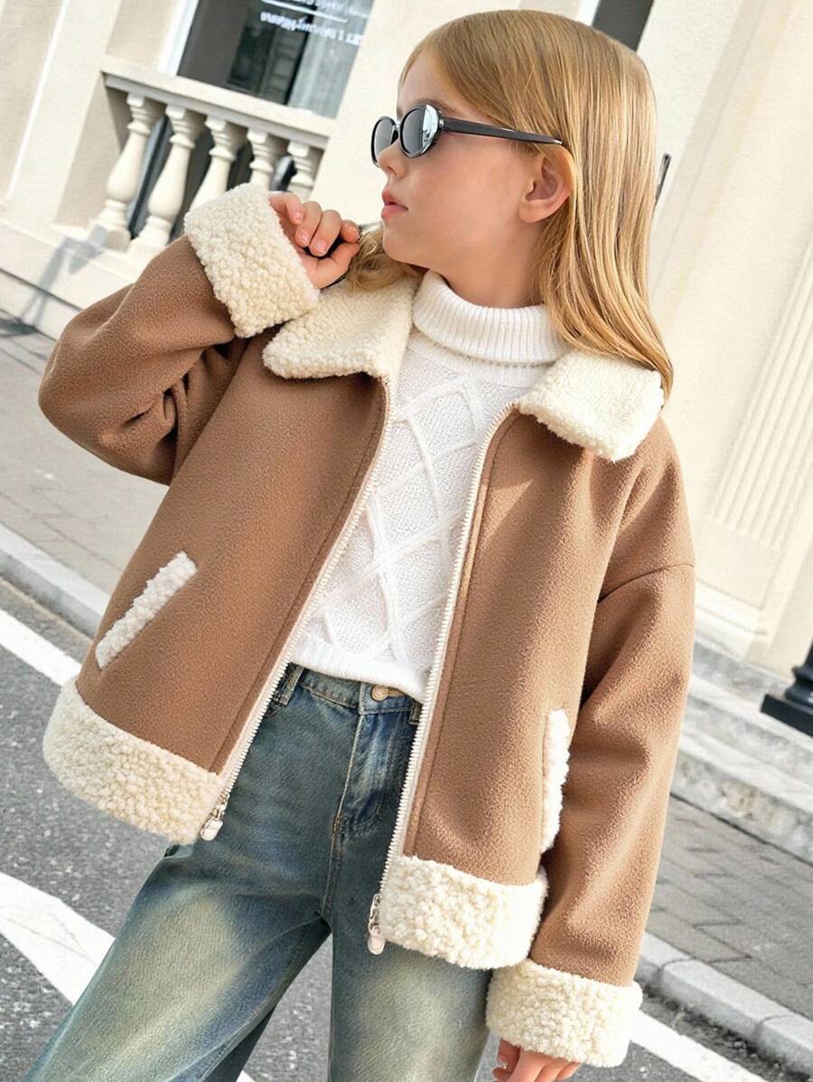 SHEIN Chaqueta térmica forrada con parches linda para niña, versátil para otoño/invierno - Caqui - Ver 1