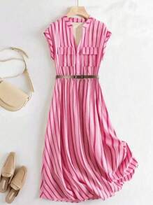 Franclia 女士休闲度假条纹V领工装口袋连衣裙夏季连衣裙粉玫瑰色大学风服装 - 玫紅色 - 查看 1