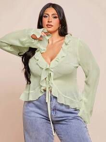 SHEIN BAE Bluză elegantă din șifon pentru femei, mărime plus, de primăvară timpurie, cu tiv cu volane, mânecă lungă, potrivită pentru întâlniri romantice, ieșiri cu prietenii, activități de vacanță și ieșiri elegante de zi cu zi.