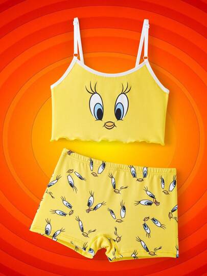 LOONEY TUNES X SHEIN Ensemble de sous-vêtements de base avec débardeur et short à motif de dessin animé pour préadolescentes