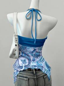 SHEIN EZwear Printed Mesh Blue Cashew Flower Vacation Grunge Print Pattern Women Camisole Top, Retro Y2K, Suitable For Street Style ,Halter Top - Multicolor - View 2
