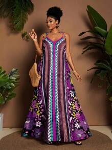 Maweii Vestido largo bohemio con tirantes, cuello en V y estampado colorido para mujer talla grande, nuevo diseño para vacaciones de primavera/verano