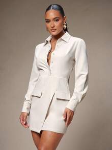 Silquee 高级女式纯色长袖不对称下摆优雅迷你连衣裙，白色西装外套女式套装白色西装外套白色裙子套装裙子套装，工作/办公室，商务休闲女装，女士办公室服装，女士工作服装 - 白色 - 查看 7