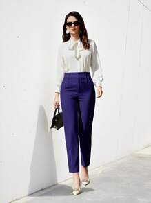 EURMUSE Women's Solid Color Simple Daily Suit Pants  - Navy Blue - View 4