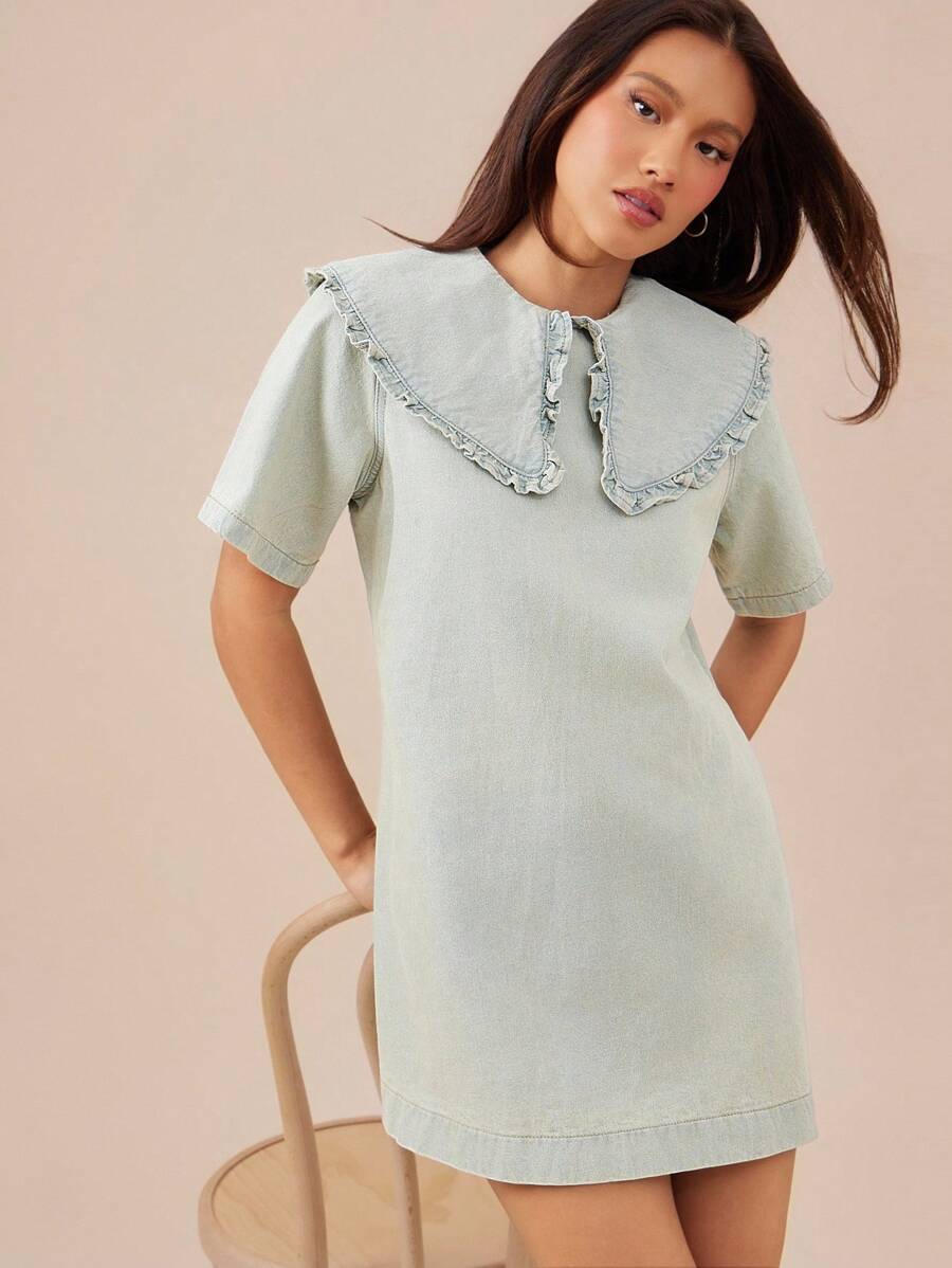 WESTFADE 荷叶边领短袖A字形棉混纺牛仔迷你乡村连衣裙女士夏季服装海滩度假服装 - 淺色水洗藍 - 查看 1