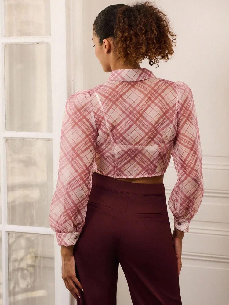 Vintage-Style Sheer Checked Blouse With Puff Sleeves Homecoming Top Spring Women Clothes Chic Top Going Out Top Spring Summer Pink Plaid Top French Style Parisian Style