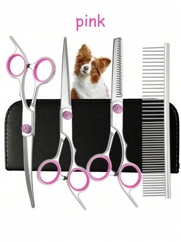 SHEIN Set professionale di forbici per la cura di cani e gatti, dotato di forbici curve e pettine in acciaio inossidabile, per tagliare, rifinire, piegare, tagliare i capelli, forbici piatte, forbici per frangia, forbici per la bellezza degli animali domestici, tosatrice, accessori per gatti