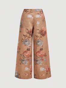 SHEIN MOD 女式花卉印花口袋宽腿宽松休闲牛仔裤 - 粉色 - 查看 2
