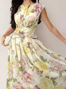 Heiryn Women's Floral Print Crew Neck Criss-Cross Design Elegant Dress