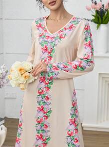 Yasmyna 花卉印花V领优雅长袖土耳其和阿拉伯风格长裙 - 杏色 - 查看 1