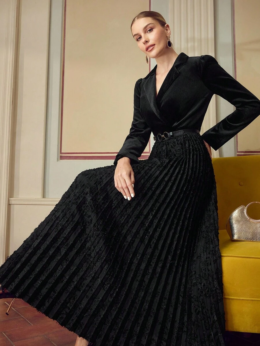 ZEYLAH 女式长袖天鹅绒褶饰拼布西装外套式连衣裙，秋冬 - 黑色 - 查看 1