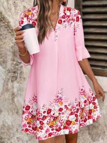 SHEIN Clasi Women's Elegant V-Neck A-Line Pink Floral Mini Dress,Summer Boho Vacation Holiday,Daily Wear Outings And Various Occasions Best Selling Dresses - Multicolor - View 3