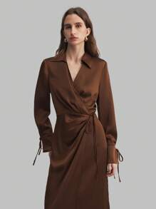 Ontre Women's Brown Autumn And Winter Wrap Dress, Lapel Long Sleeve Tie V-Neck Dress, Waist Loose Casual Commuter Brown Business Dress, Teacher Dress
