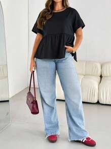 SHEIN Essnce 大码女装春夏时尚休闲宽松舒适日常清凉透气短袖黑色衬衫、外出上衣、曲线可爱上衣、工作上衣、女式衬衫 - 黑色 - 查看 4