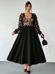 Firerie Plus Size Black Autumn Elegant Women's Mesh & Flocked Colorblock Fishbone Bust Flared Hem Stretchy Long Sleeve Maxi Dress For Spring/Autumn - Black - View 4