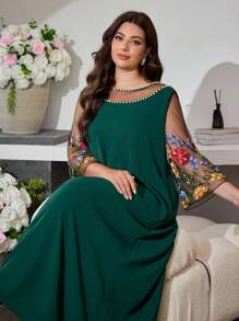 Al Najma Round Neck Puff Sleeve Colorful Embroidery Loose Hem Dress, Spring/Autumn - Dark Green - View 3