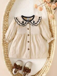 SHEIN Newborn Baby Girl Soft Cotton Embroidered Collar Long Sleeve Dress, Sweet & Fashionable Classy Girl Dress Fall Winter - Apricot - View 3