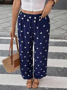 Chiquease Women's Loose Casual Embroidered Pleated Long Pants, Summer Casual Spring For University Fall - Navy Blue - View 5