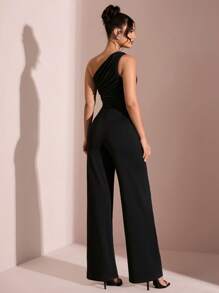 ATUI Studio Eleganter schwarzer asymmetrischer Off-Shoulder Ein-Schulter Jumpsuit im Sommerurlaubs-Stil, geeignet für tägliche Dating, Nachtausgänge, Nachtclubs, Partys, Treffen, Cocktailpartys, Poolpartys, Bürokleidung, Pendler-Jumpsuits, Urlaubsjumpsuits