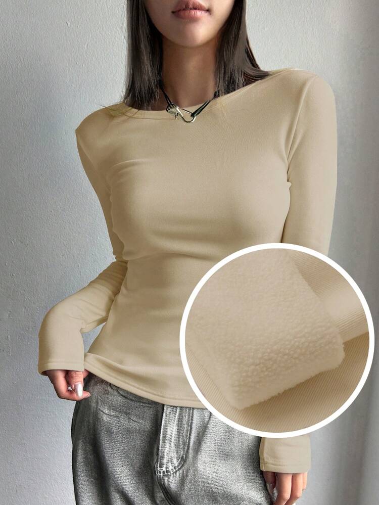 Solid Boat Neck Thermal Tee Long Sleeve Women Tops,Thermal Lined