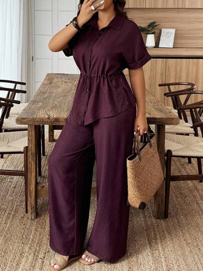 Weeklong Plus Size Summer Casual Solid Color Drawstring Waist Shirt And Pants 2 Pieces Set