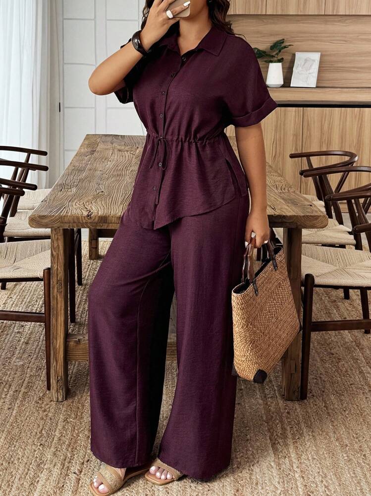 Weeklong Plus Size Summer Casual Solid Color Drawstring Waist Shirt And Pants 2 Pieces Set - Burgundy - View 1