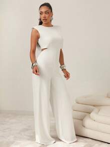 Vixey Women's Solid Color Round Neck Batwing Sleeve Cutout Waist Wide Leg Loose Jumpsuit, Business Casual Woman, Office Outfit - White - View 6