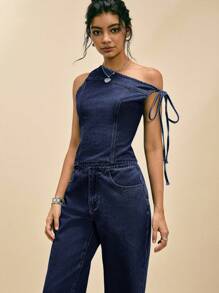 Easelle 牛仔上衣搭配露肩西装 牛仔裙搭配洗水西装 - 藍色 - 查看 5