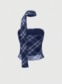 ROMWE J-Fashion Camiseta de tirantes con cuello halter a cuadros estilo americano preppy para mujer (con bufanda)