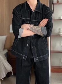 DAZY 男士黑色装饰线条夹克，秋季服装 - 黑色 - 查看 2