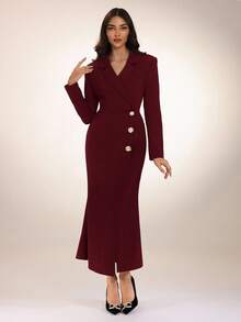 Modelyn Women's Lapel NeckLong Sleeve Metallic Floral Decor Fitted Dress With Fishtail Hem, Elegant