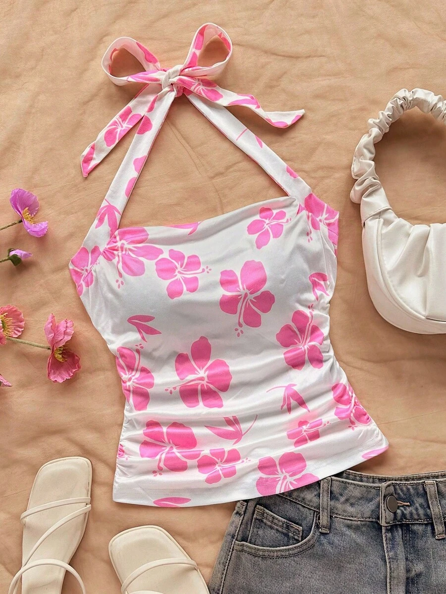 Soleia 优雅针织弹力印花露背系带蝴蝶结短款女式上衣，适合度假 - 粉色 - 查看 1