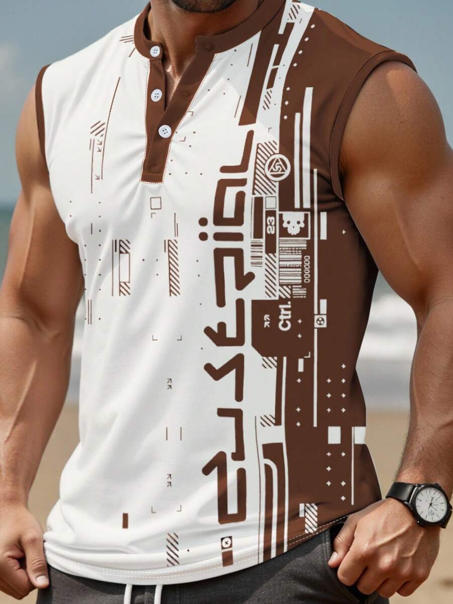 Manfinity LEGND 男士几何印花纽扣半开襟休闲上衣 男士图案背心 白色印花背心 - 彩色 - 查看 1