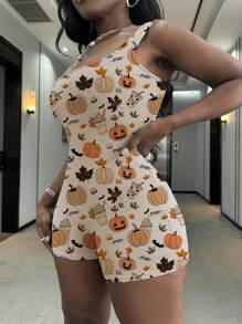 INAWLY Plus Size Pumpkin Print Fitted Romper, For Summer - Khaki - View 2