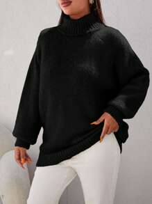 EURMUSE Minimalistyczny, swobodny sweter w jednolitym kolorze, luźny krój, golf z obniżonymi ramionami, plus size