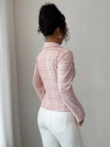 Selianne 优雅浪漫格子面料腰部合身长袖女式西装外套 - 粉色 - 查看 2