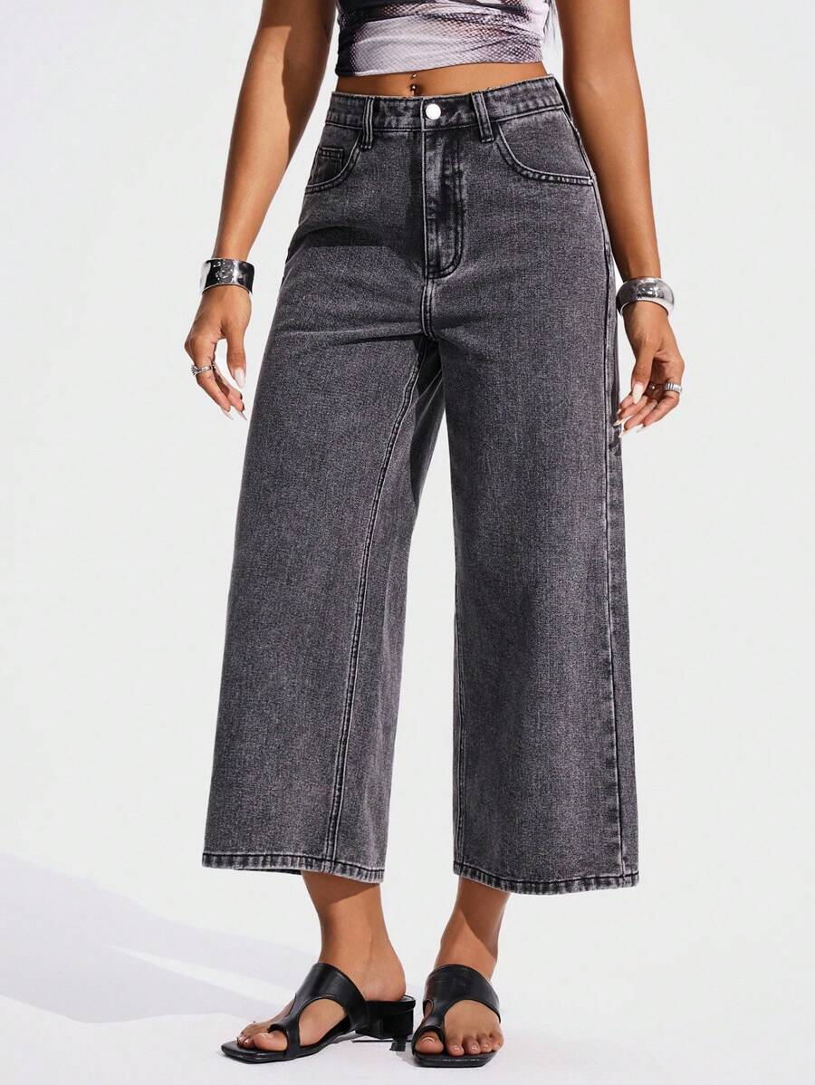 Jeanoix Women's Pocket Loose Wide Leg Casual Versatile Denim Pants Wide Leg Jeans Y2k - Grey - View 1