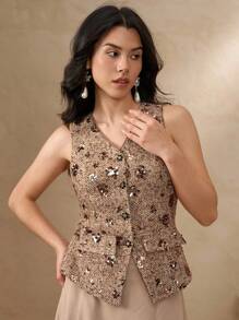 DAZY 优雅通勤亮片V领无袖女式衬衫，奢华外出上衣，闪亮嘉年华上衣 - 卡其色 - 查看 5