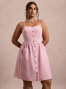 SHEIN VCAY Plus Size Pastel Pink Summer Casual Striped Sleeveless Midi Dress,Smart Casual Vacation Holiday Curve Sundress With Pockets,Bohemian Teacher Outfits - Multicolor - View 4