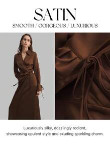 Ontre Women's Brown Autumn And Winter Wrap Dress, Lapel Long Sleeve Tie V-Neck Dress, Waist Loose Casual Commuter Brown Business Dress, Teacher Dress